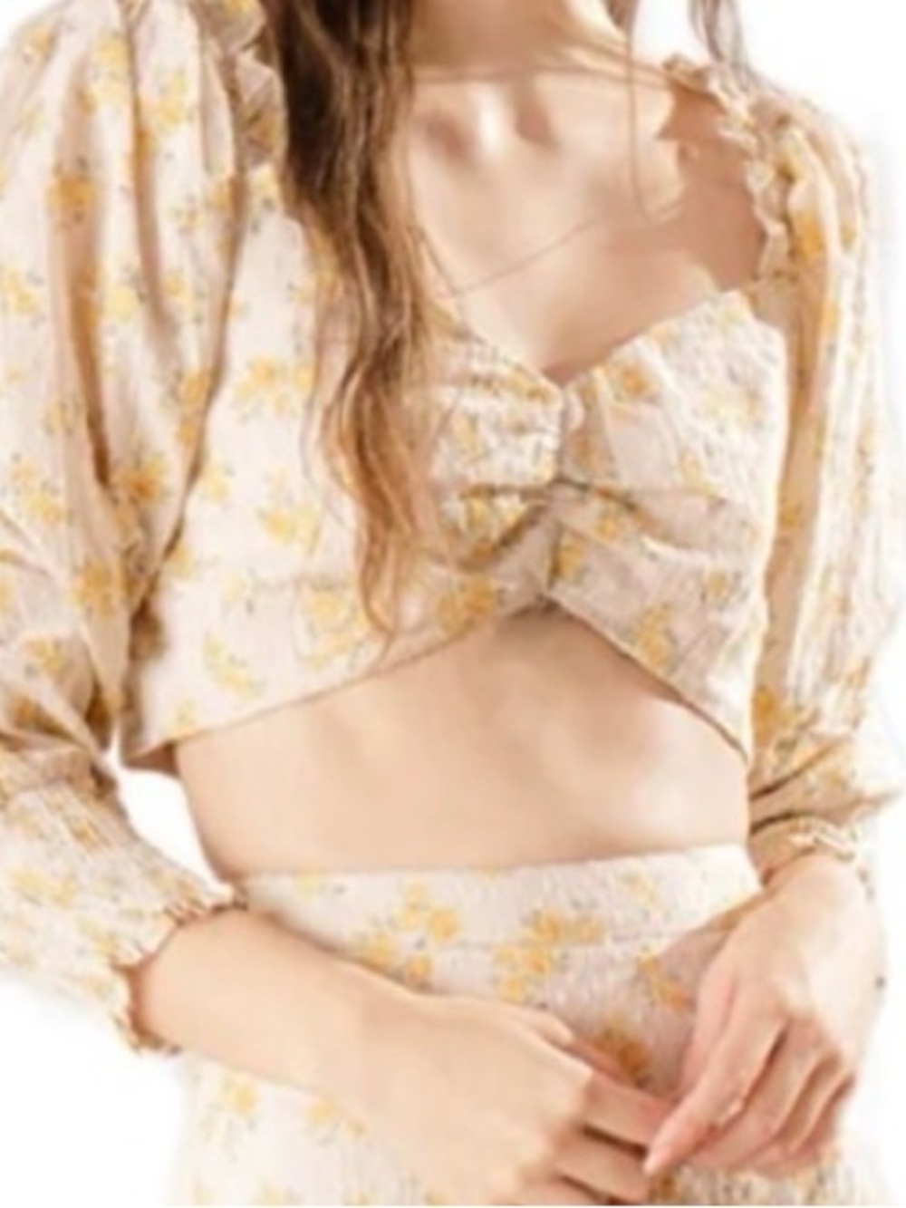 Storia Cotton Floral Print Peasant Romantic Crop Top Yellow Medium Boho Cottage - Picture 3 of 8